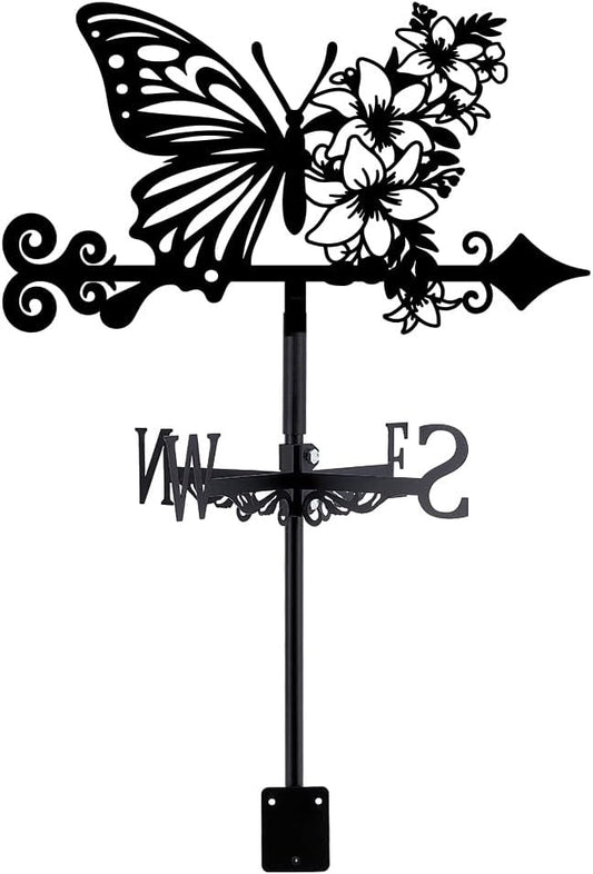 SUPERDANT Butterfly Weathervane Flowers Weather Vane for Yard Metal Wind Vanes Roof Mount for Outside Garden Black Weathervanes Farmhouse Farm Barn Sheds Patio Outdoor Decorations Gifts