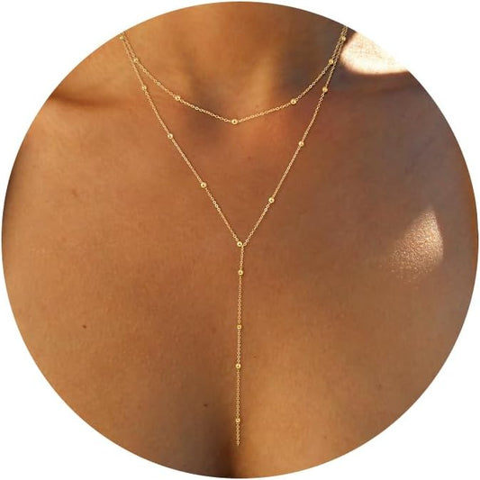Foxgirl Lariat Gold Necklace for Women, Dainty Long Necklace 14k Gold 