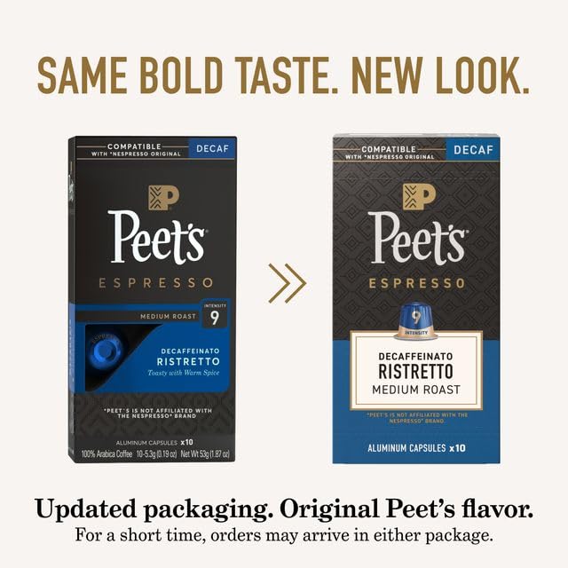 Peet's Coffee, Medium Roast Decaf Espresso Capsules, Compatible with Nespresso Original Machine, Decaffeinated Arabica Coffee - Decaf Ristretto Intensity 10, 50 CT (5 Boxes of 10 Espresso Capsules)