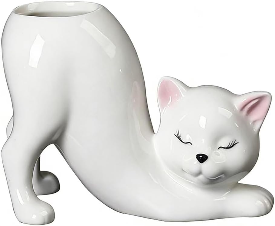 White Ceramic Cat Vase Planter – Modern Animal Home Décor Flower Pot, 
