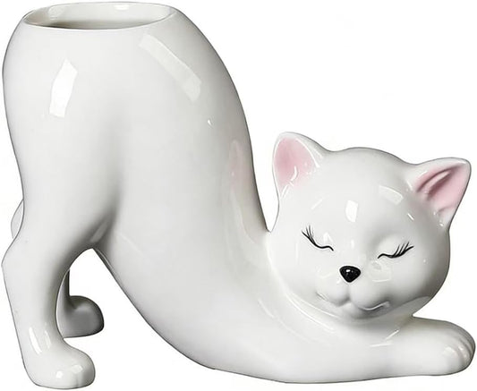 White Ceramic Cat Vase Planter – Modern Animal Home Décor Flower Pot, 
