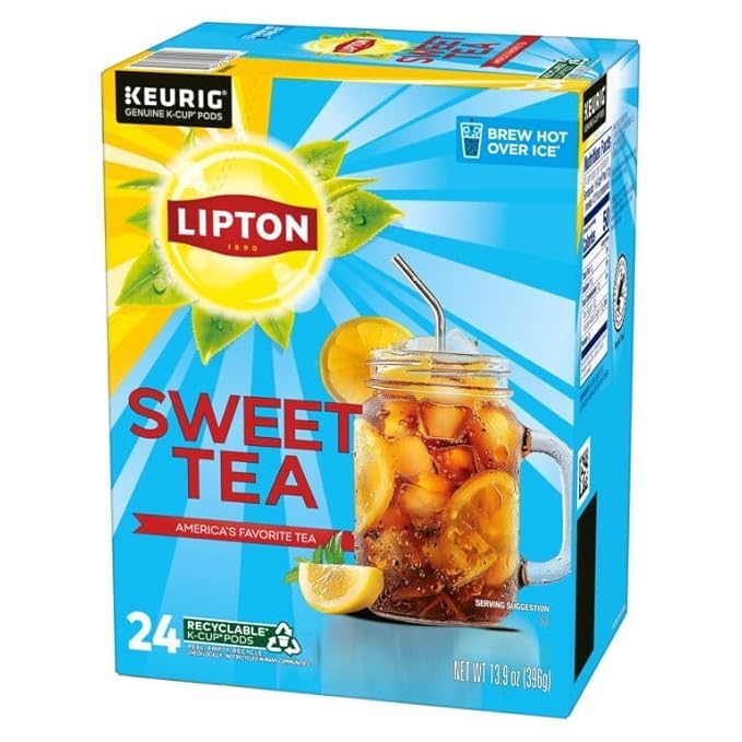 Lipton Southern Sweet Black Tea K-Cup Pods 24-Count Rainforest Alliance Certified Iced Tea for Keurig Coffee Makers with Real Tea Leaves and Natural Sweetness Brew Hot over Ice