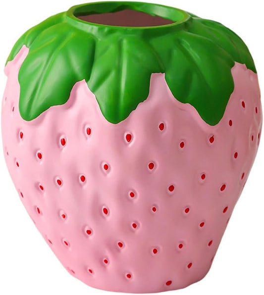 Strawberry Vase for Flowers, Decorative Fruit Vase, Strawberry Shaped Planter Pot with Green Leaves for Table Centerpiece, Spring Home Kitchen Decor