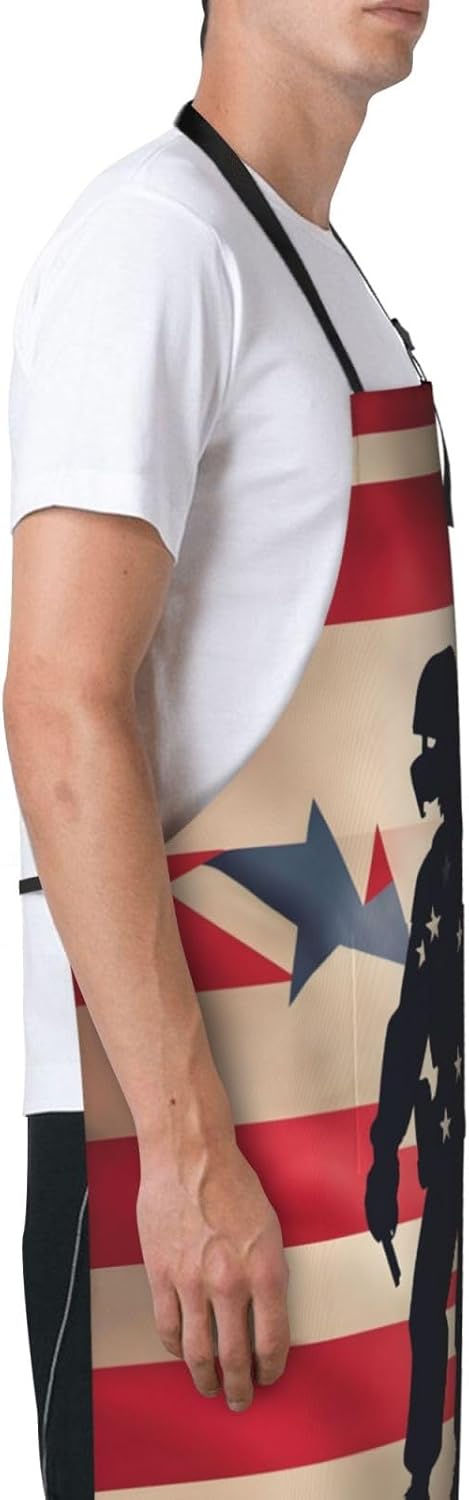 US Military Soldiers Patriotic Memorial Day Print Laundry apron 28x33 In Waterproof Kitchen Apron with Pockets for Cooking Baking