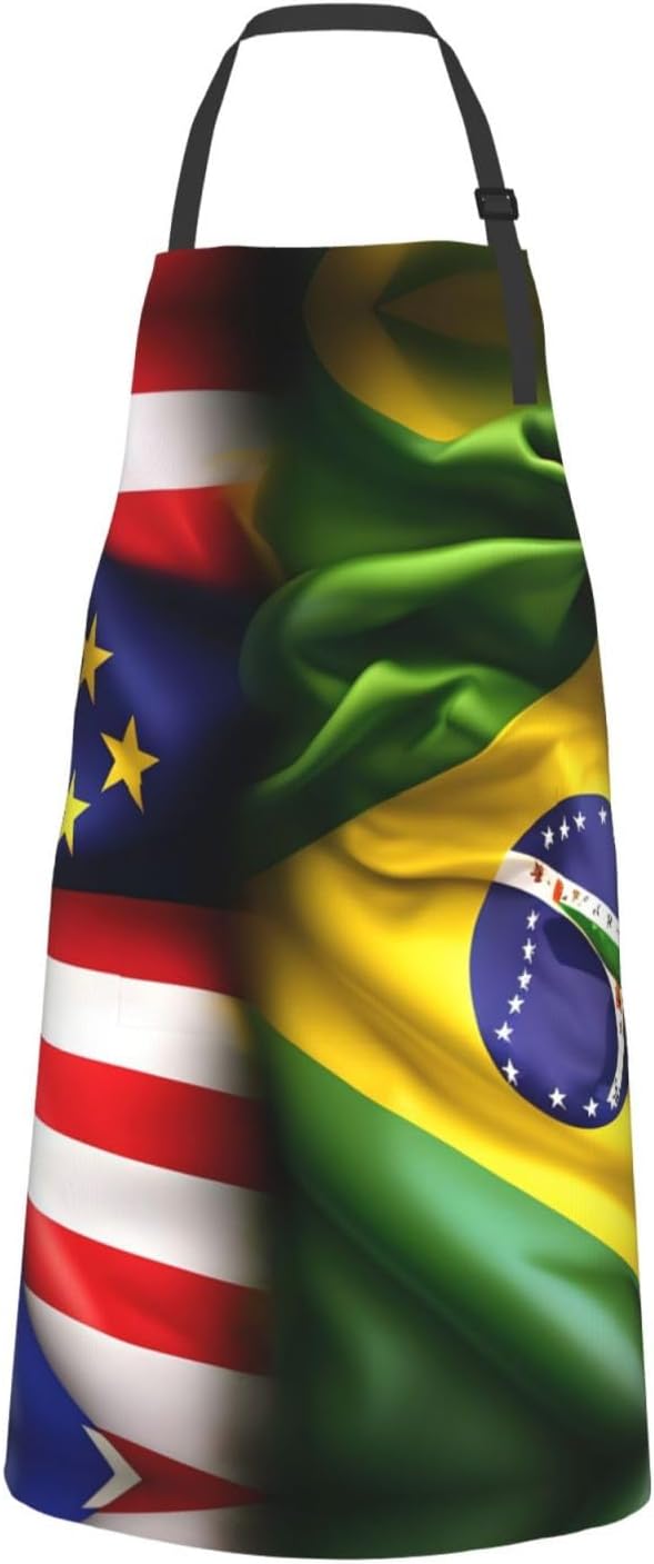 American and Brazilian Flags Print Laundry apron 28x33 In Waterproof Kitchen Apron with Pockets for Cooking Baking