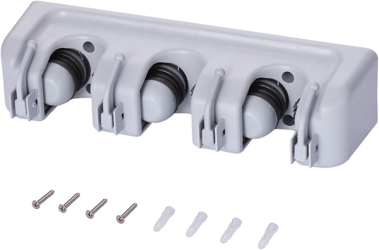 Mop and Broom Holder Broom Hanger Wall Mounted Home Garden Garage Tool Organizer Storage Rack 3 Slots with 4 Hooks,Grey