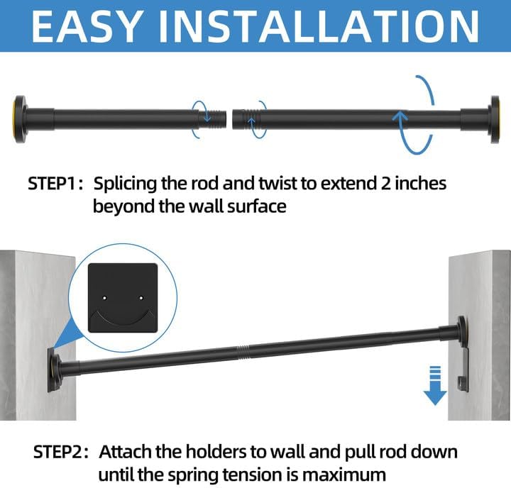 Matte Black Shower Curtain Rod,1 Inch Diameter Stainless Steel Adjustable Spring Tension Rods 32 to 80",with Holders,Anti-Slip,Curtain Rods No Drilling(1 Pack)