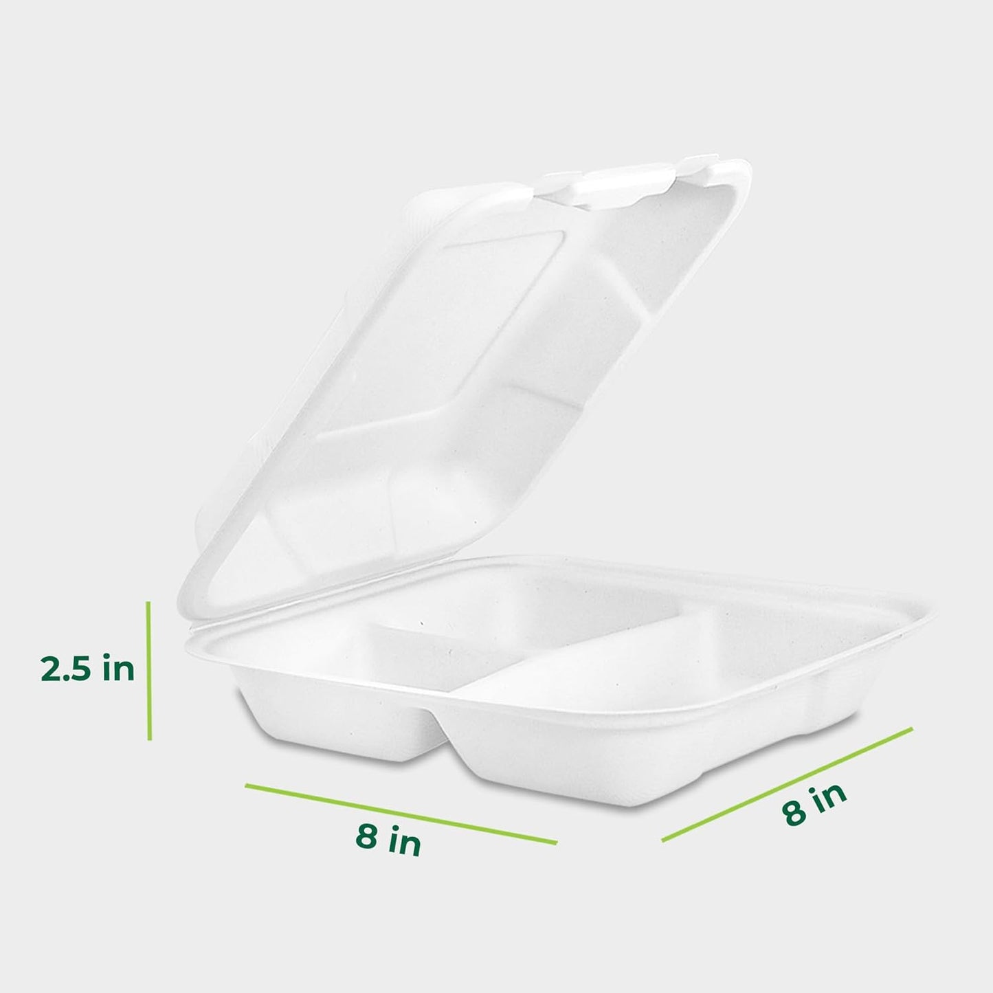 Freshware Compostable Clamshell Food Containers [8x8"] 3-Compartment 50-Pack, Disposable Containers, Biodegradable Sugarcane to Go Boxes - Paper Food Containers - Microwave & Freezer Safe, Stackable