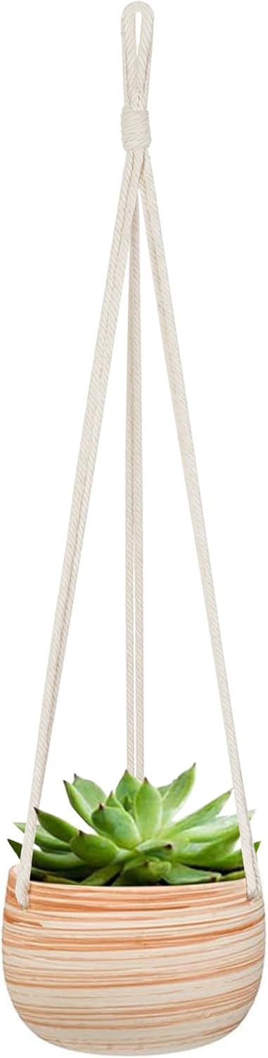 Mkono Ceramic Hanging Planter Macrame Plant Holder 5 Inch Cute Succulent Cactus Pot with Cotton Rope Hanger for Indoor Outdoor Decor, 1 Pack