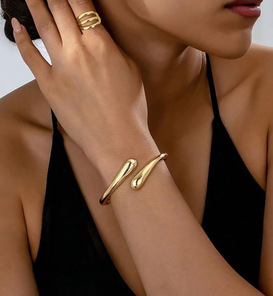 Chunky Gold Bangle Bracelets for Women, Dainty 14k Gold Plated Big Sta