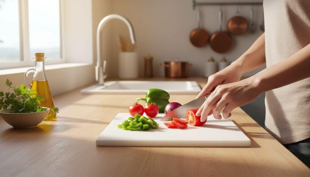 Farberware Large Cutting Board, Dishwasher- Safe Plastic Chopping Board for Kitchen with Easy Grip Handle, 11-inch by 14-inch, White