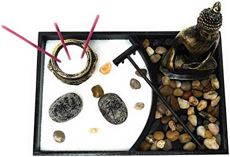 Royal Brands Zen Garden with Buddha, Rake, Rock Candle, and Incense Holder – Peace and Tranquility (9"x6"x7")
