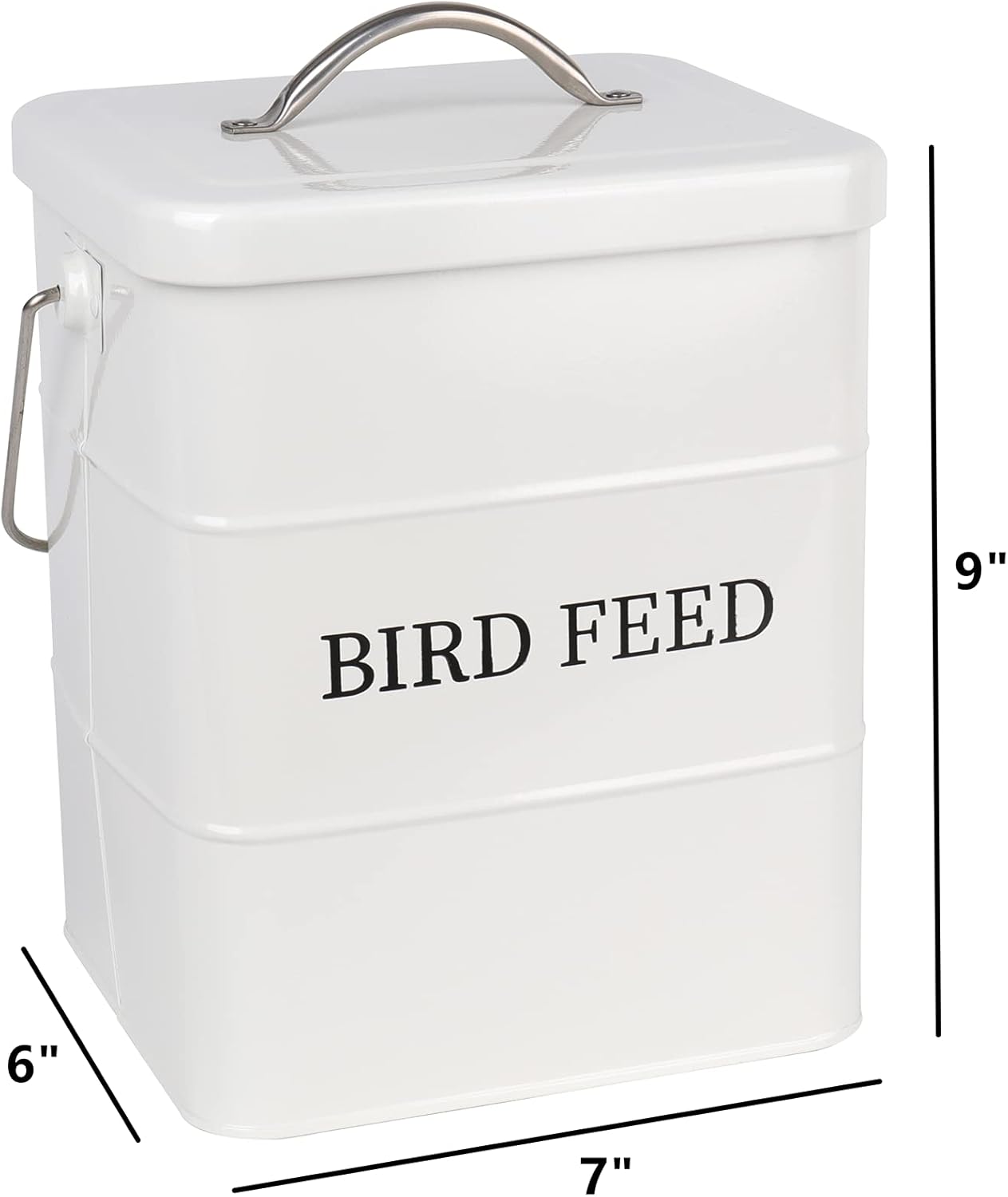 DEAYOU Pet Food Storage Tin with Lid, Metal Bird Seed and Feed Container with Serving Scoop, Treats Storage Canister Bin Can for Dogs, Cats Food, Coated Carbon Steel, Tight Fitting Lid, White, 5-6 Lbs