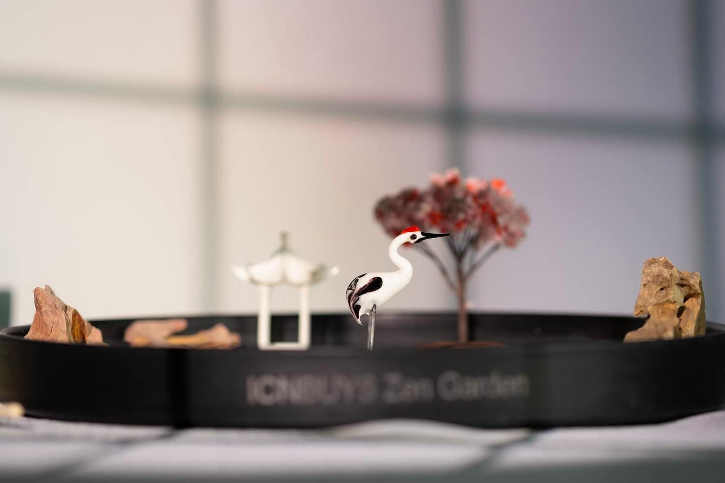 Zen Garden Crane, Pavilion and Sakura Set with Free Rakes and Pushing Sand Pen Base Tray Diameter 9.4 inches