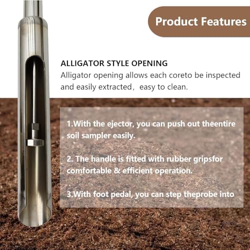 1m Stainless Steel Soil Sampler Probe for Lawn & House Plants - Ejector Foot Pedal Handle, 2" Diameter (38mm) - Durable Soil Testing Tool for Garden & Lawn Care