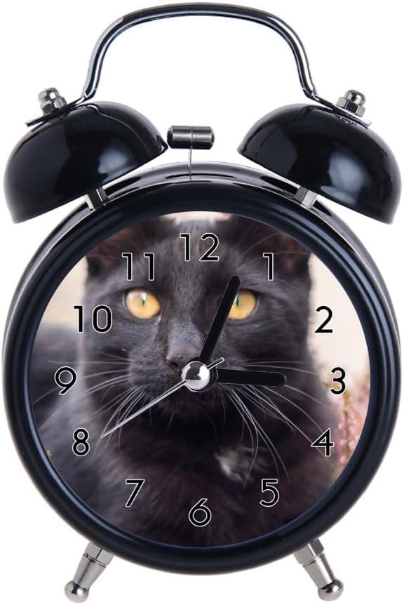 Children's Alarm Clock Retro Silent Pointer Clocks Round Number Dual Bell s Loud Alarm Clock Black Colors Bedside Night Light Home Decors Black Cat on Planters Pot