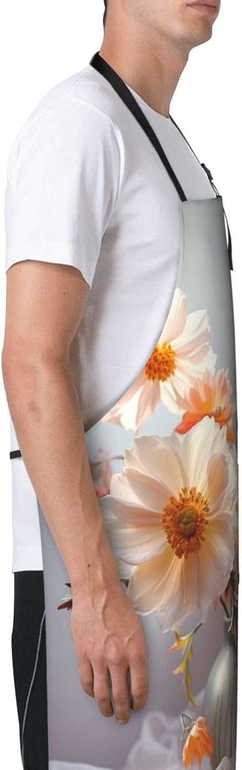 Hand Drawn Flower print Waterproof apron with pocket adjustable cookin