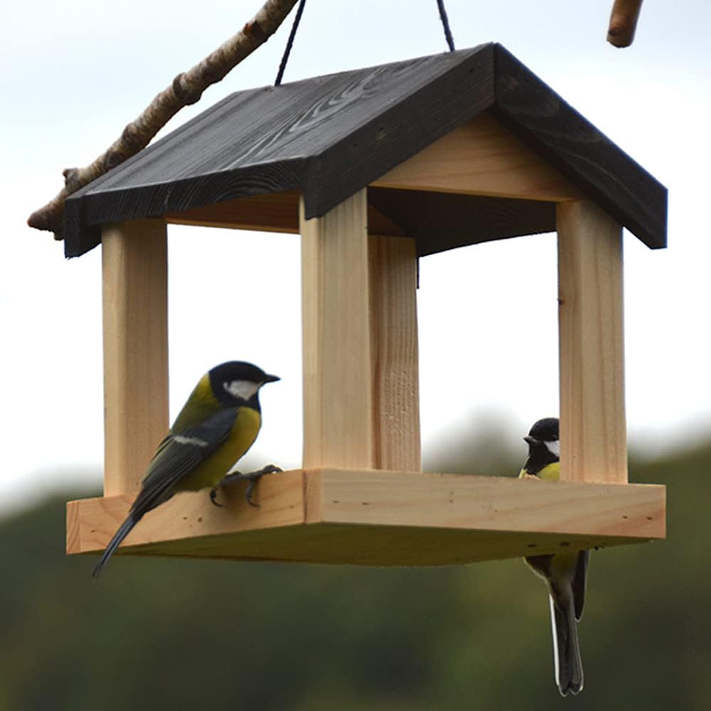 Esschert Design FB463 Hanging House-Shaped Wood Bird Feeder with Rope
