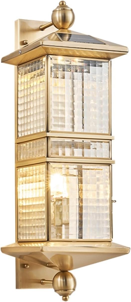 Outdoor Wall Lantern, Vintage Brass Wall Sconce, Waterproof IP55 Exterior Mount Lamp with Patterned Glass, E27 Socket, Solar Powered Lighting Fixture for Garden Villa Courtyard Gate Cottage