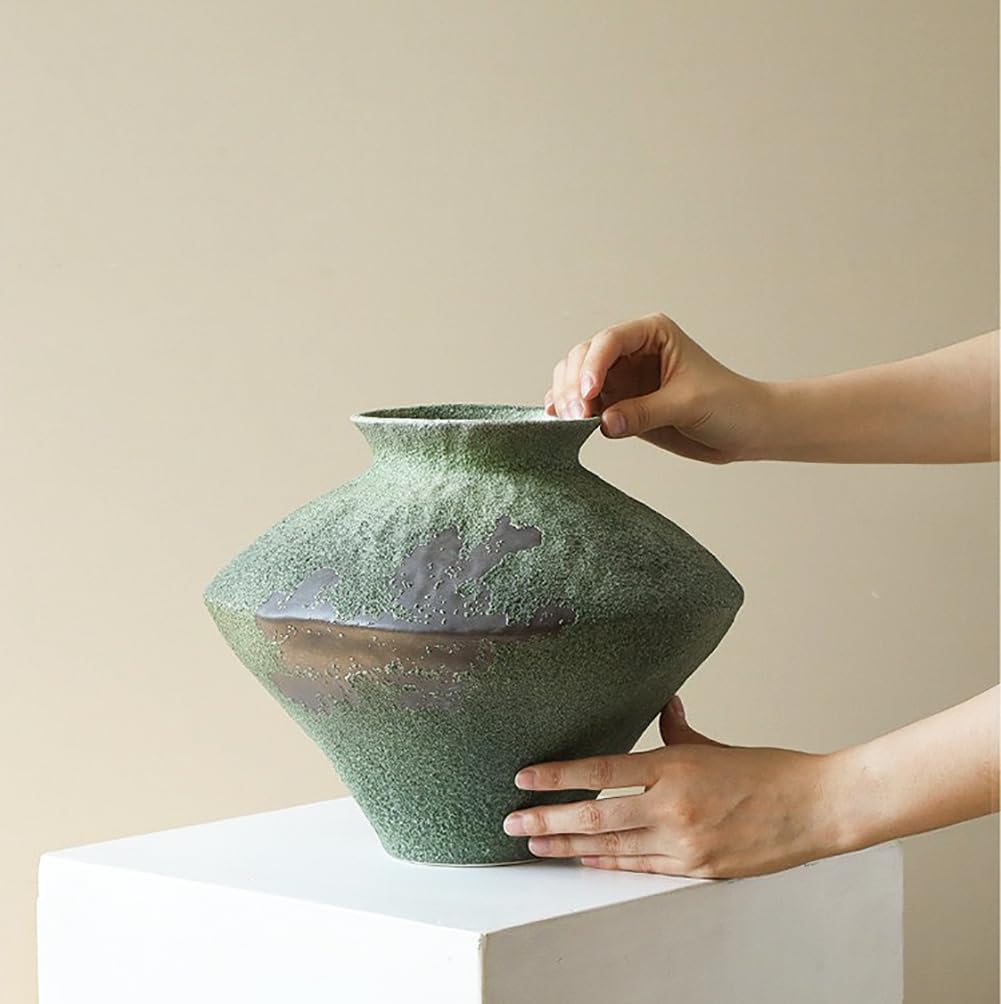 Large Green Rustic Ceramic Flower Vase Wabi Sabi Stoneware Planter Pot for Garden Home Decor Farmhouse Decor