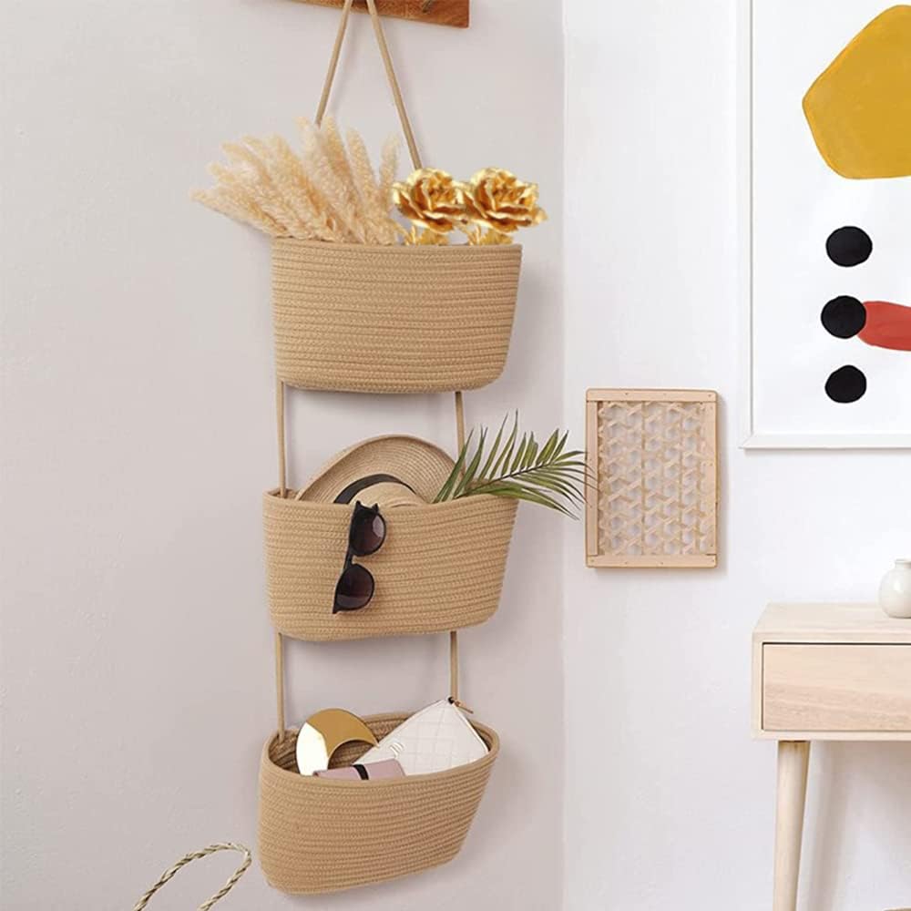 TeoKJ Over the Door Hanging Basket, 3-Tier Woven Cotton Wall-Mounted S