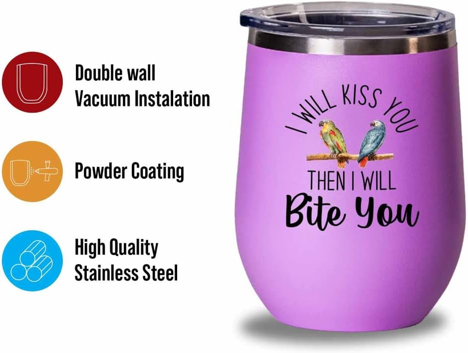 Bird Lover Pink Edition Wine Tumbler 12oz - Kiss then bite you - Hummingbird Nest Cage Parrot Dad Gardening Outdoor Birdwatcher Feeder