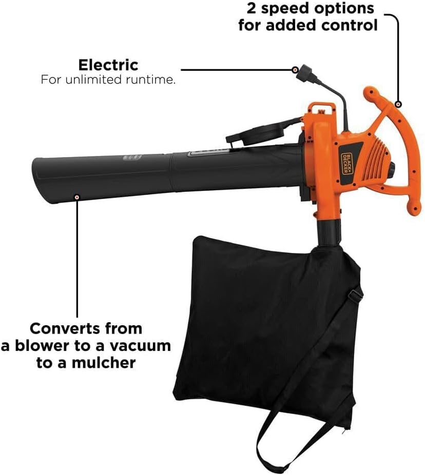 BLACK+DECKER Electric Leaf Blower, Leaf Vacuum and Leaf Mulcher, 3-in-1 300 CFM 210 MPH 12-Amp Handheld Lightweight Corded Electric Combo Kit (BV3100)