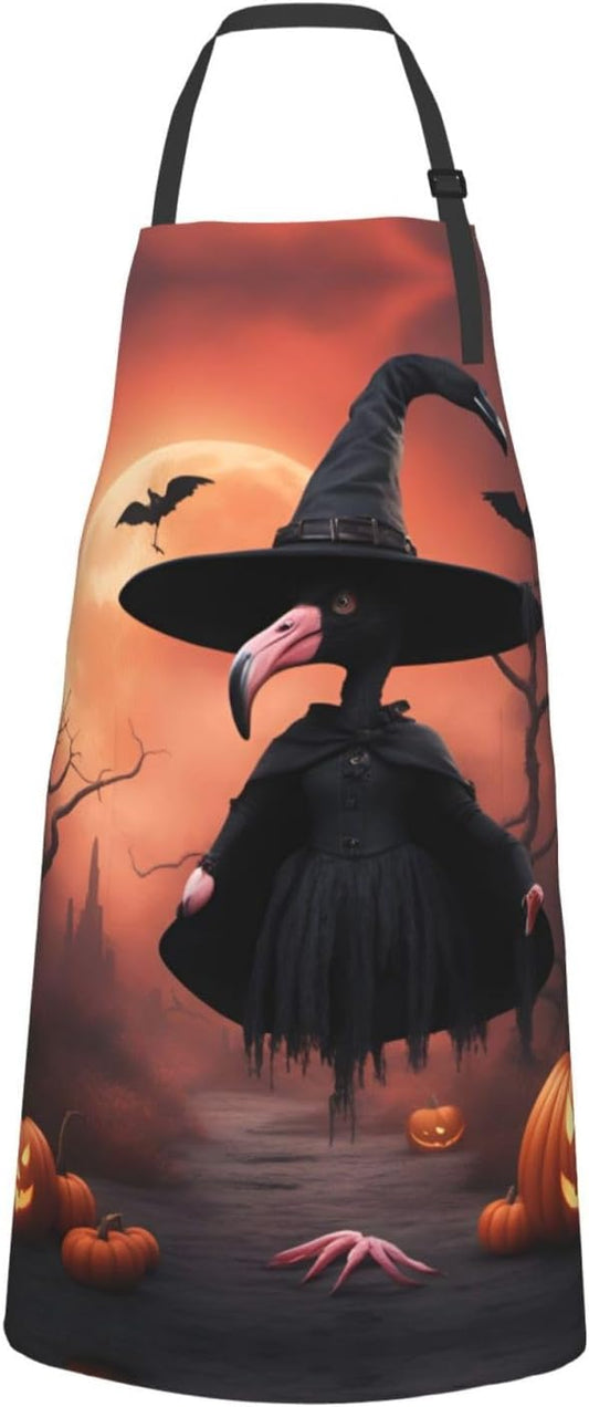 Halloween Flamingo Witch Hat print Waterproof chef's apron with pocket apron for kitchen cooking baking barbecue and gardening