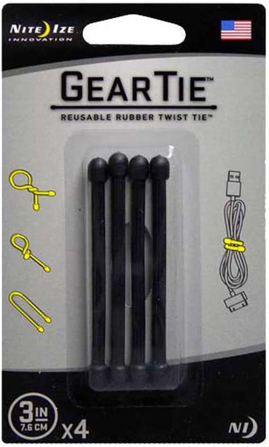 Nite IZE Original Gear Tie, Reusable Rubber Twist Tie, 3-Inch, Black, 