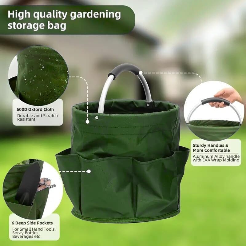 Collapsible Garden Tool & Cleaning Caddy – 12-Pocket Fold-Flat Canvas Bucket | Heavy-Duty 600D Oxford, Padded Handle | Picnic, Camping, RV, Home Storage Basket for Gardeners & Families – Green