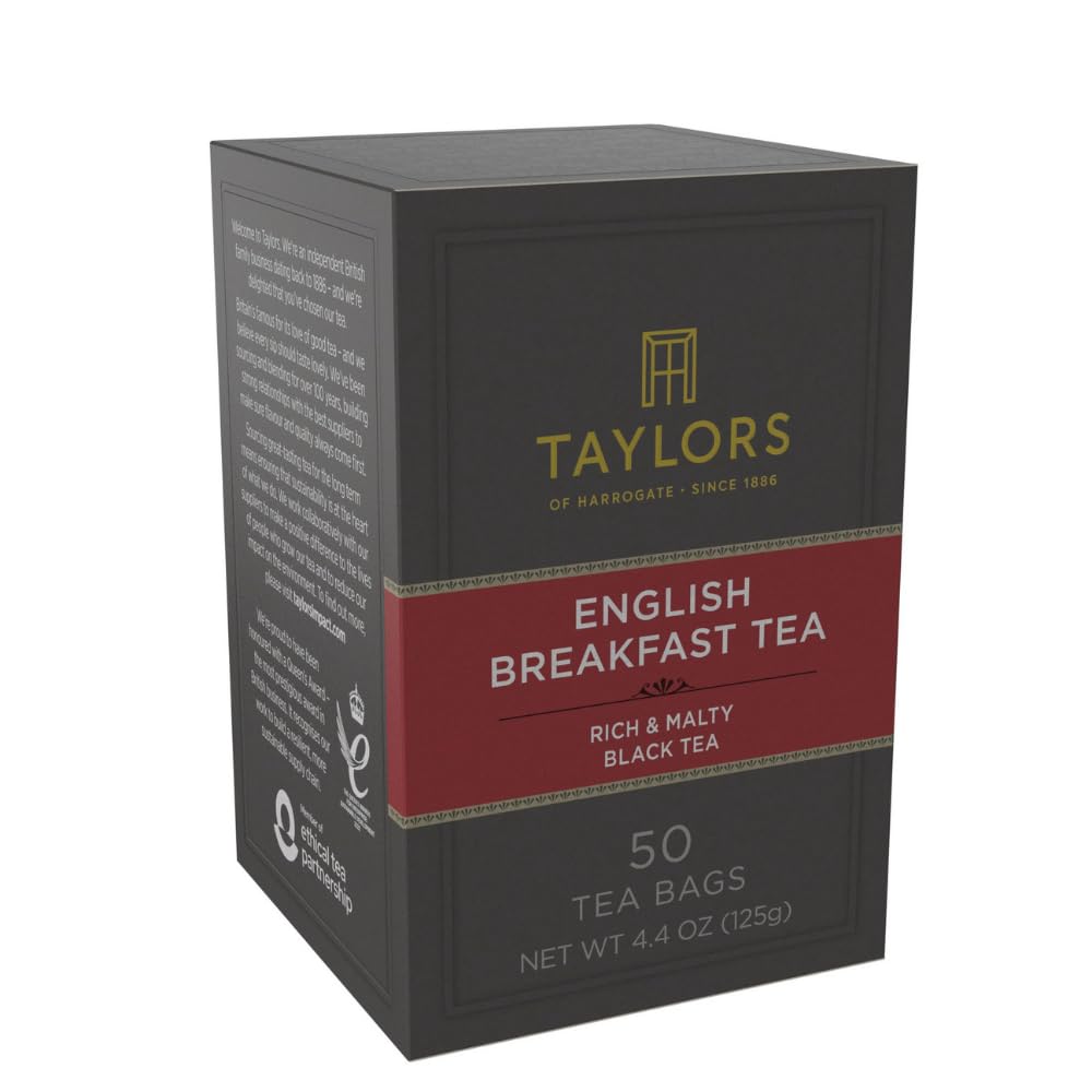 Taylors of Harrogate English Breakfast, Black Tea, Pillow Tea Bags, 50 Count (Pack of 1), Rich, Bright & Malty, Caffeinated, Enjoy Hot or Iced, 50 Teabags