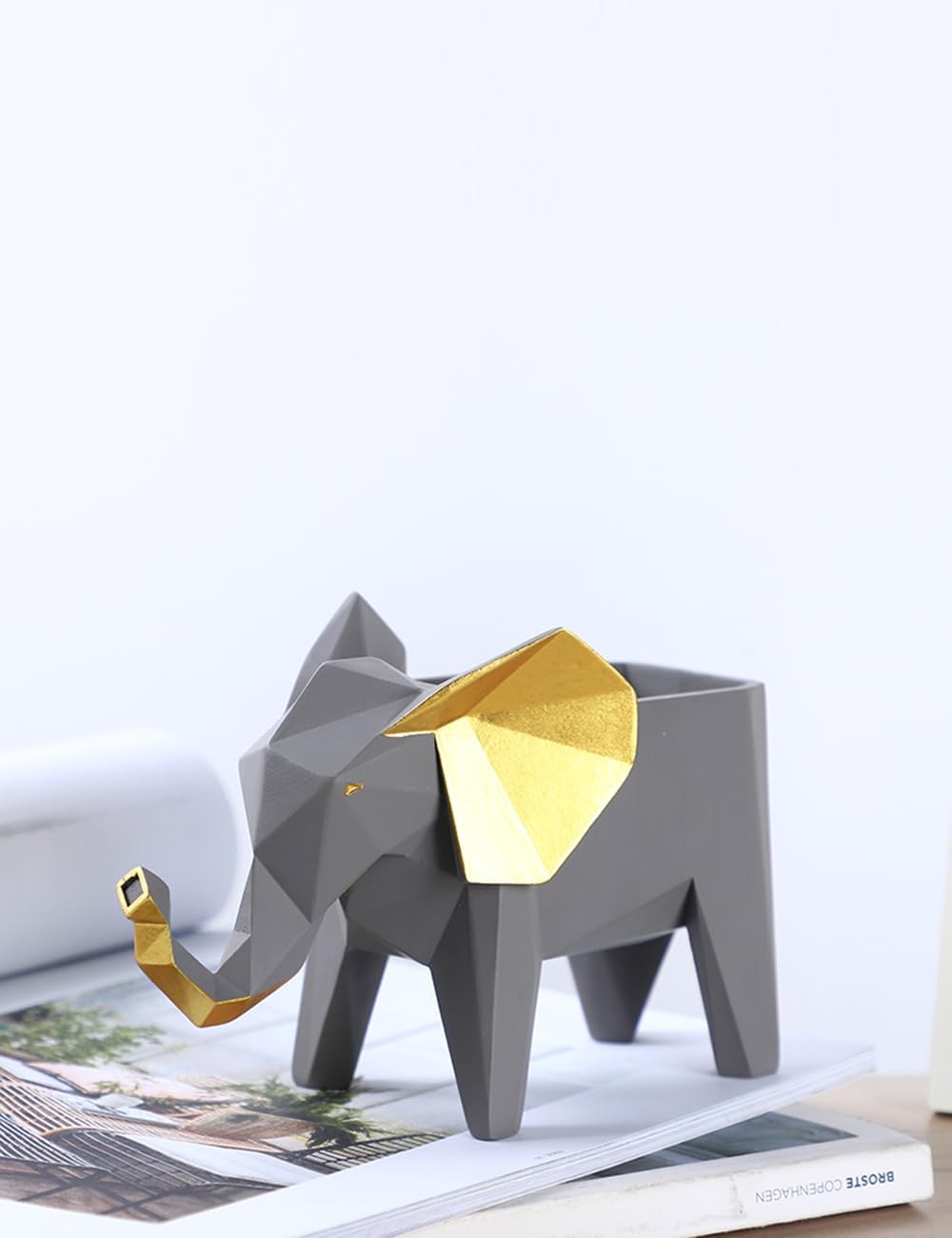 HauCoze Cactus Succulent Planter Geometric Elephant Statue Sculpture Home Decoration Handmade Premium Gifts Souvenirs Giftbox Safety Paint for Kids Polyresin 17cmL