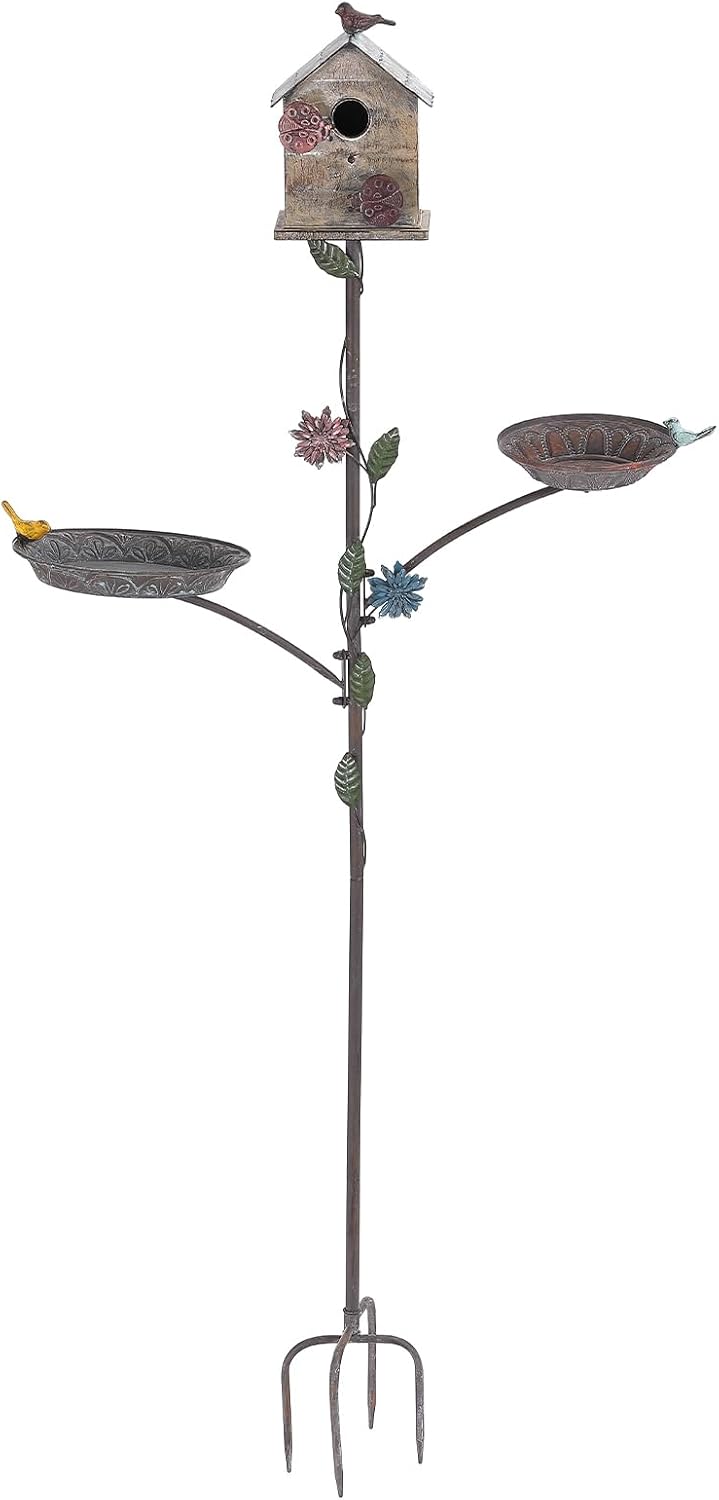 69" H 3-in-1 Metal Bird House with Stake - Free Standing Bird Bath & Feeder Bowl for Outdoors, Birdhouse on Pole for Garden Yard Decor