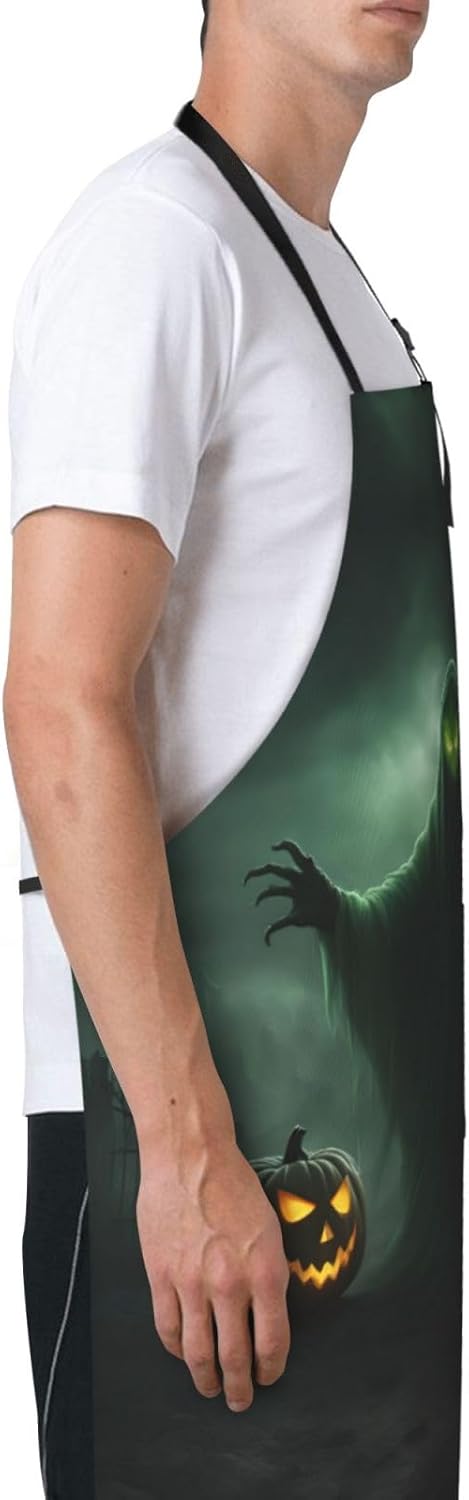 Green Ghost Horror Halloween Pumpkin print Waterproof chef's apron with pocket apron for kitchen cooking baking barbecue and gardening