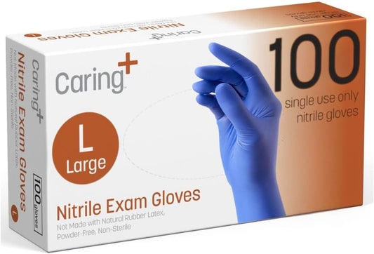 Caring Nitrile Exam Gloves, Blue, Powder-Free, Disposable Gloves for M