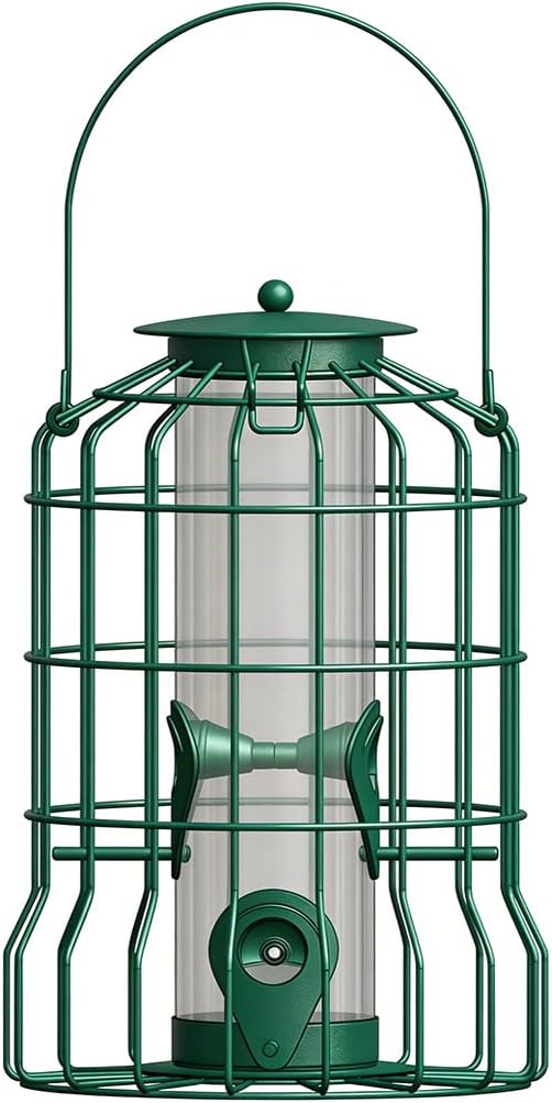 Squirrel Proof Bird Feeder Metal Caged Bird Feeder with Rain Proof Covered for Wildbirds Finches Bluebird, 4 Feeding Ports Wild Small Birds Rainproof Station for Garden Yard Seed Easy Clean