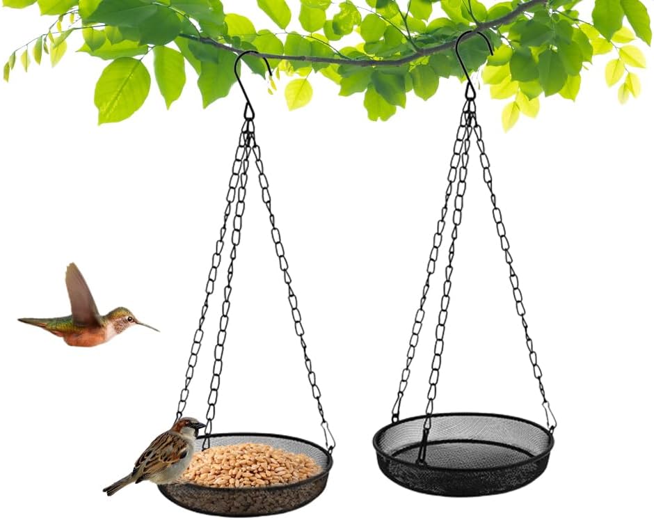 2PCS Metal Hanging Bird Feeder Tray, Hanging Feeder Seed Tray, with Chains, Outside Hanging Bird Feeder Tray, Metal Mesh Platform Feeders,Seed Tray Platform,for Attracting Birds,Outdoors,Garden