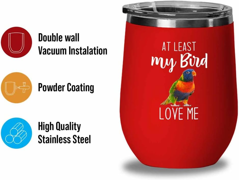 Bird Lover Red Edition Wine Tumbler 12oz - Bird loves me - Hummingbird Nest Cage Parrot Dad Gardening Outdoor Birdwatcher Feeder