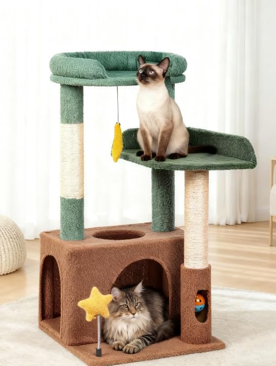 31" Cute Cat Tower for Indoor Kittens with Cat Condo, Plush Platform, 