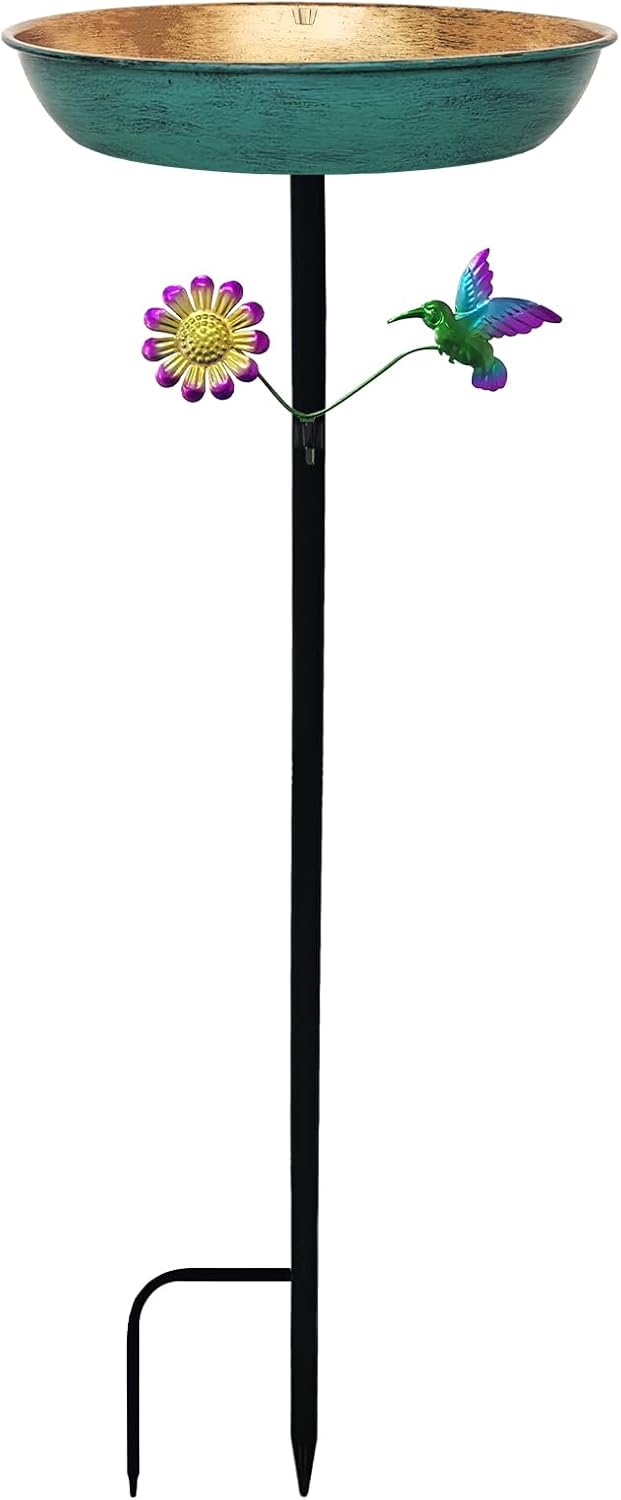 Freestanding Outdoor Bird Bath - 11 Inch Green & Bronze Birdbath Bowl & Feeder with Metal Stake 0.5 Gallon Garden Yard Patio Lawn Decor