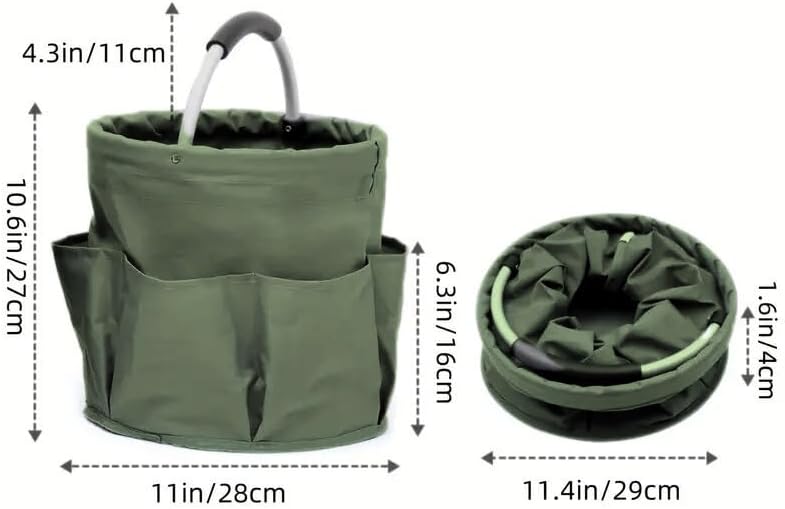 Collapsible Garden Tool & Cleaning Caddy – 12-Pocket Fold-Flat Canvas Bucket | Heavy-Duty 600D Oxford, Padded Handle | Picnic, Camping, RV, Home Storage Basket for Gardeners & Families – Green