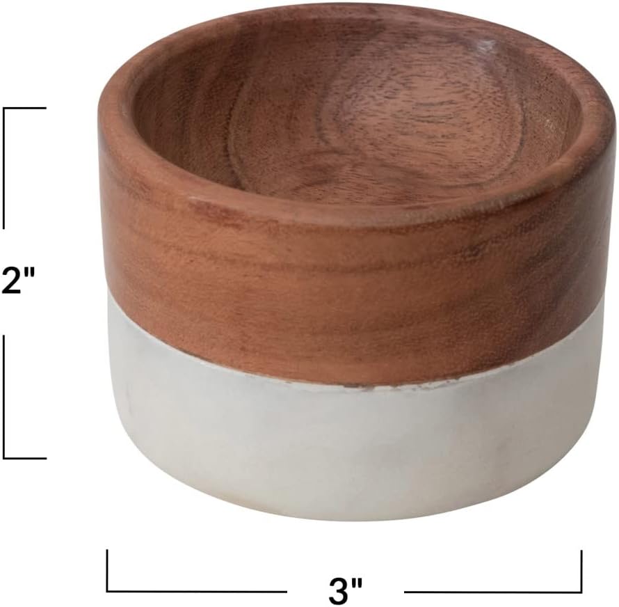 Creative Co-Op Marble and Acacia Wood Pinch Pot, Serveware, 3"L x 3"W x 2"H, Natural & White