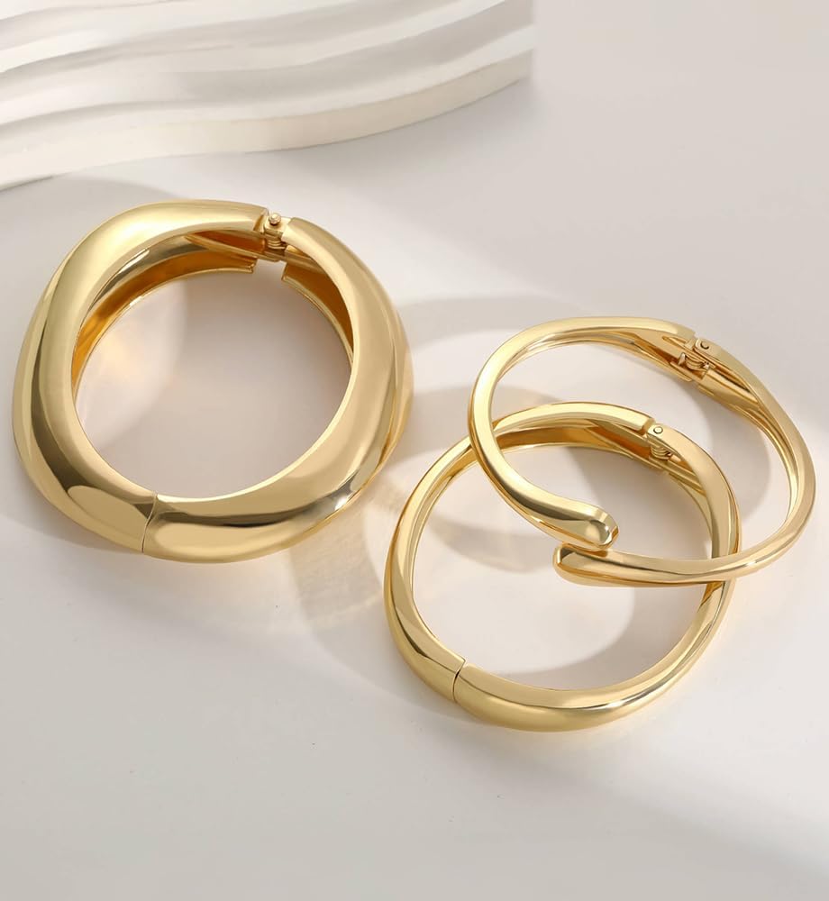Chunky Gold Bangle Bracelets for Women, Dainty 14k Gold Plated Big Sta