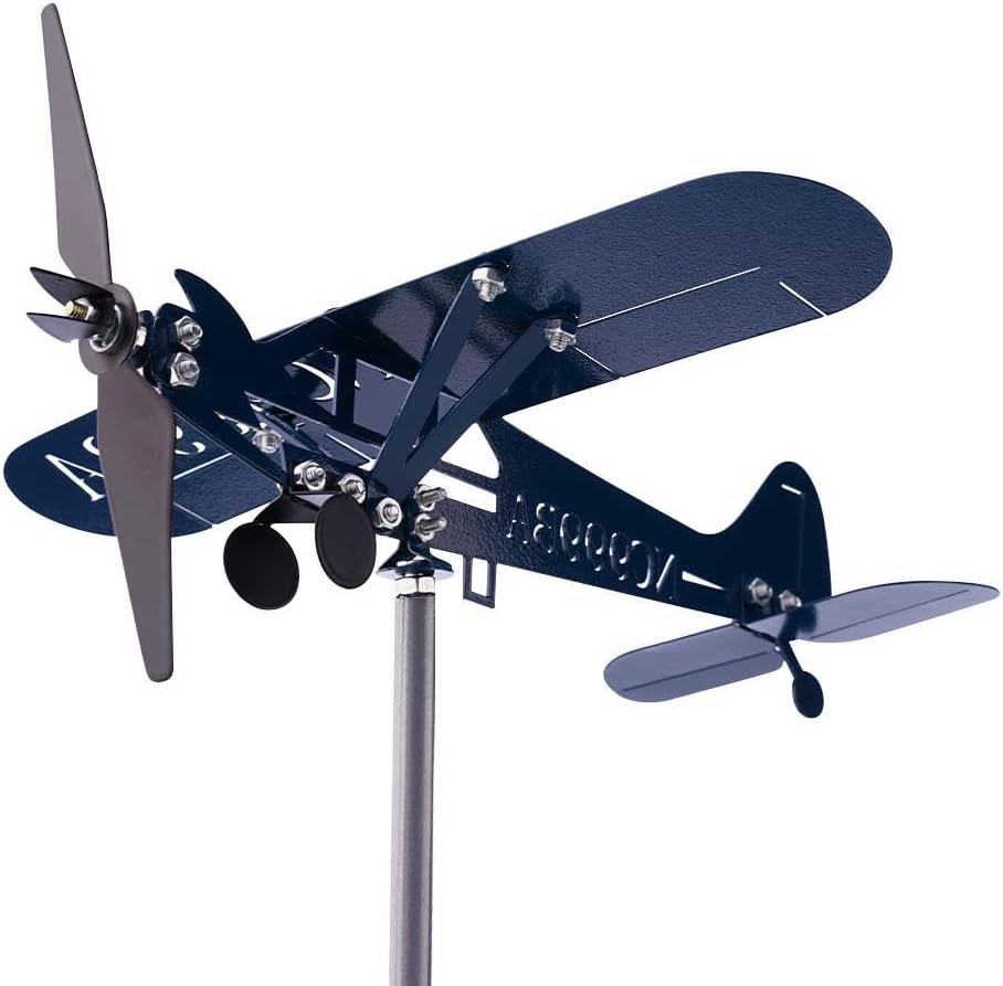 Blue Airplane Weathervane, Kinetic Metal Wind Spinners for Yard and Ga