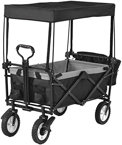 Pull Along cart Folding Wagon Trolley Cart Portable Garden Cart with 4 Wheels Romovable Canopy Collapsible Garden Cart Pull Wagon Hand Cart