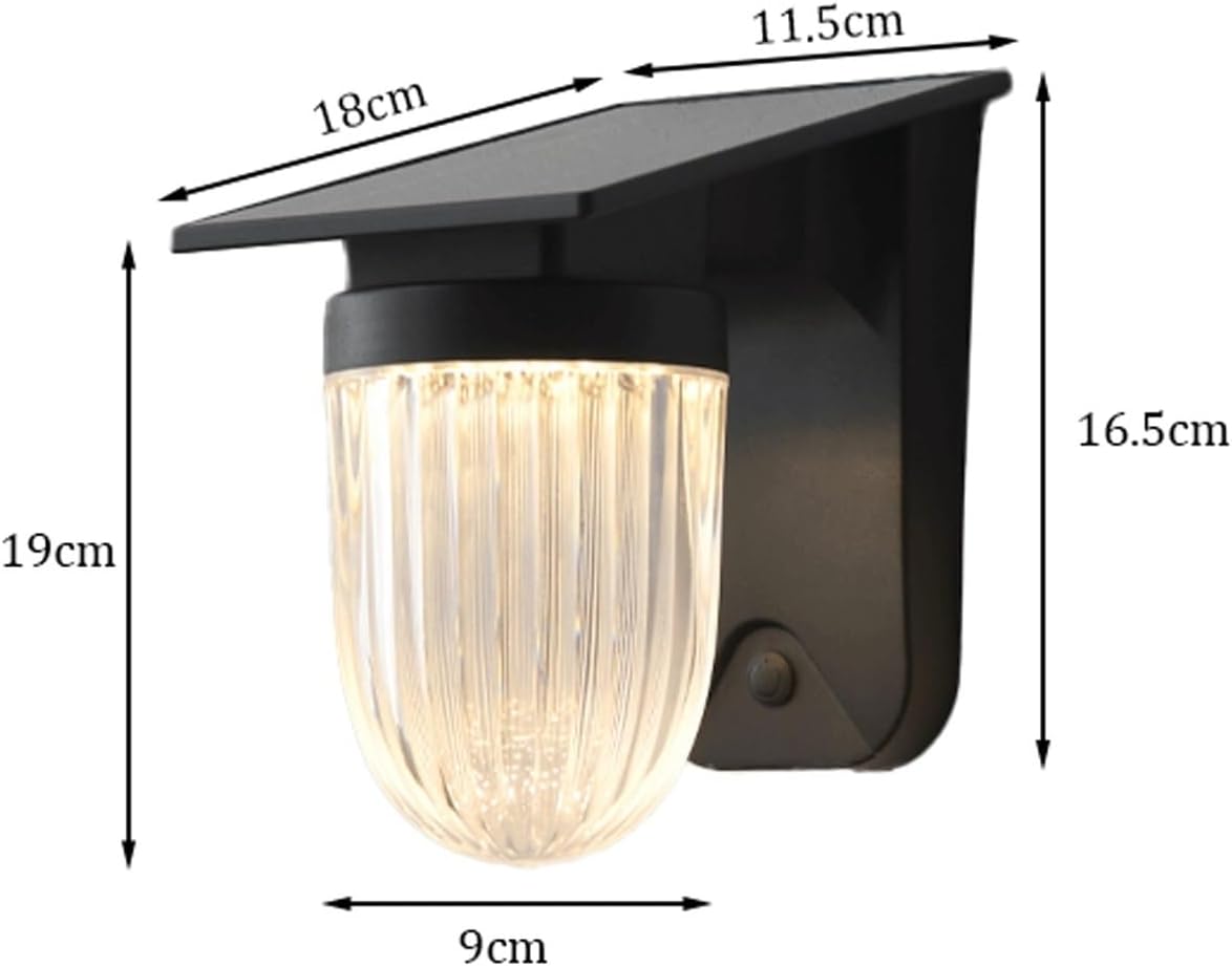 Solar Wall Light, Outdoor Wall Sconce, Wall Lamp, IP65 Black ABS PC with Ribbed Shade, Rechargeable 3 Color LED for Garden Porch Deck Fence Villa Backyard Entryway Gate Home Cottage