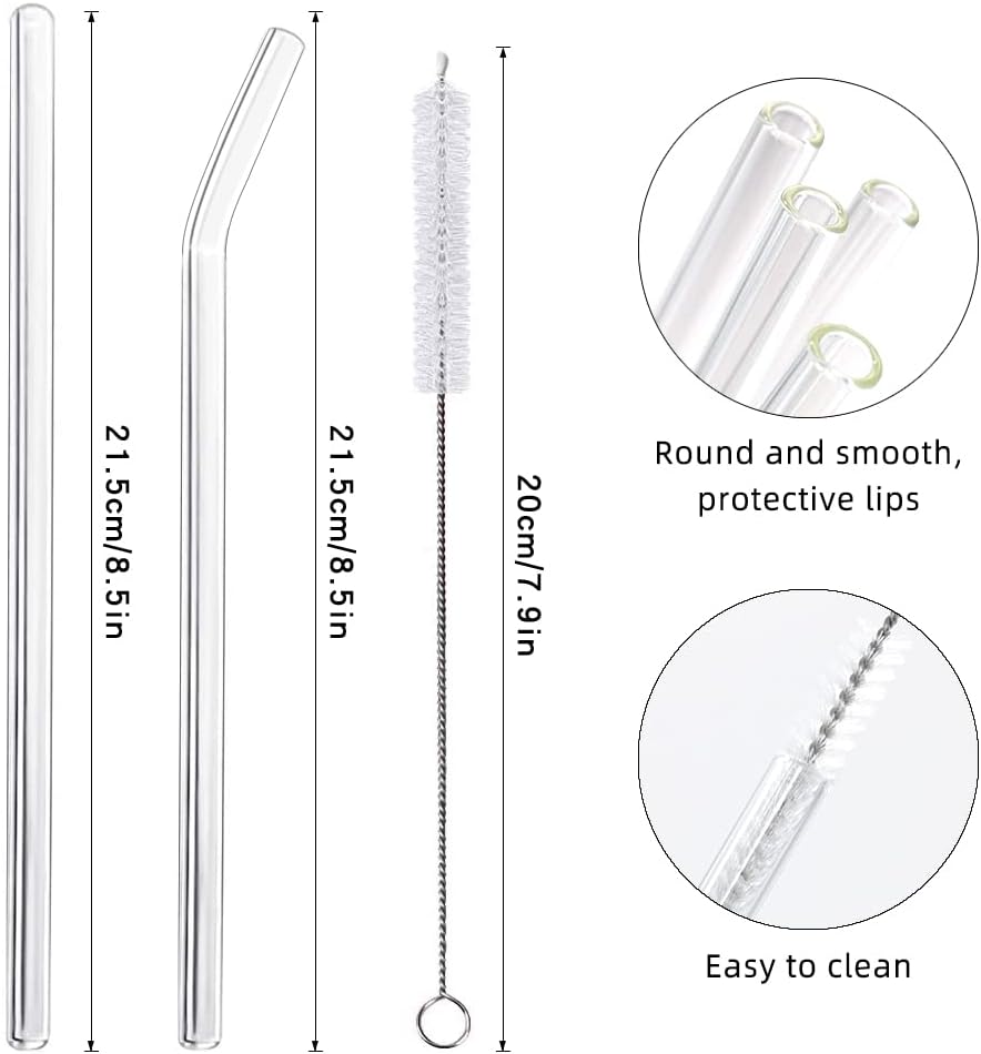 16 Pack Reusable Glass Straws,Set of 6 Straight and 6 Bent with 4 Cleaning Brush,Perfect for Smoothies,Tea, Juice, Milkshakes(8.5''x10 MM)