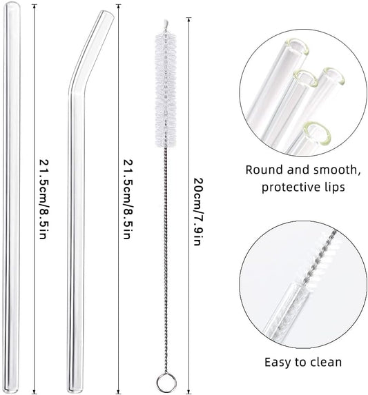 16 Pack Reusable Glass Straws,Set of 6 Straight and 6 Bent with 4 Cleaning Brush,Perfect for Smoothies,Tea, Juice, Milkshakes(8.5''x10 MM)