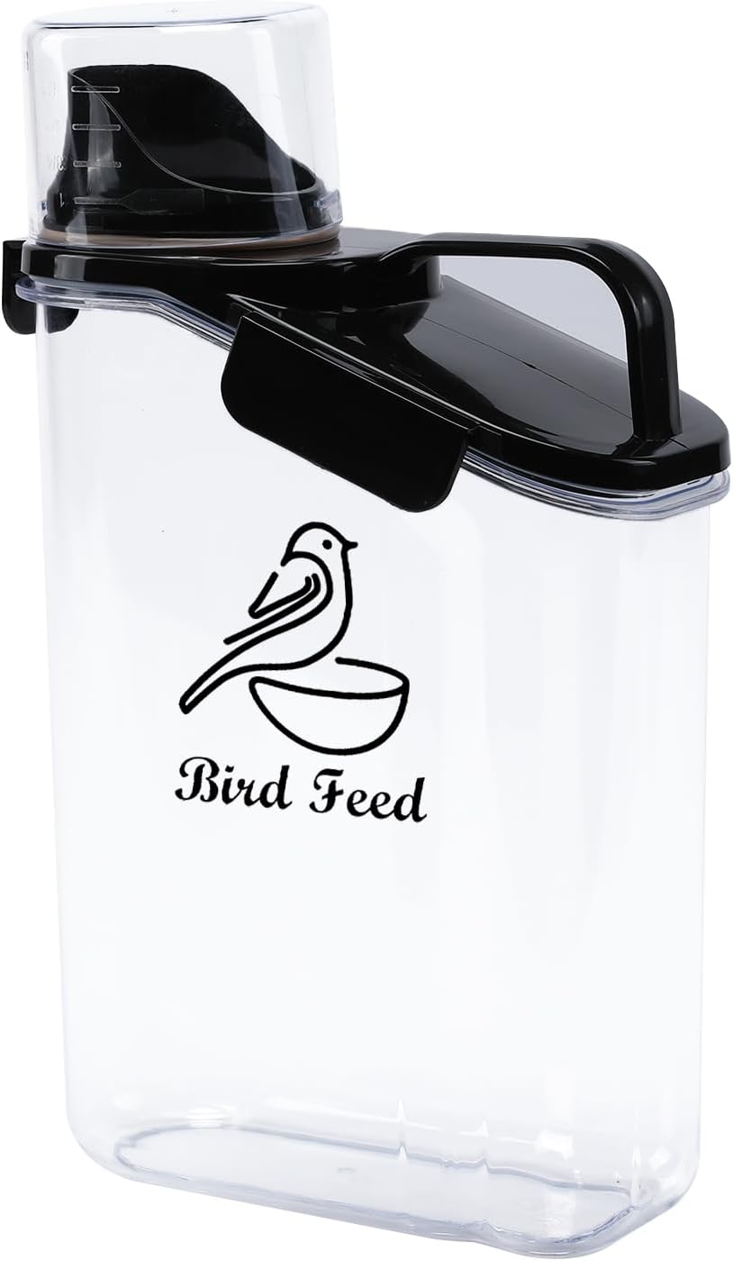 Geyecete Bird Seed Storage Container Portable-3 Qt/2.8 L Clear Plastic Airtight Wild bird Seed Dispenser food container with Measuring Cup |BPA Free
