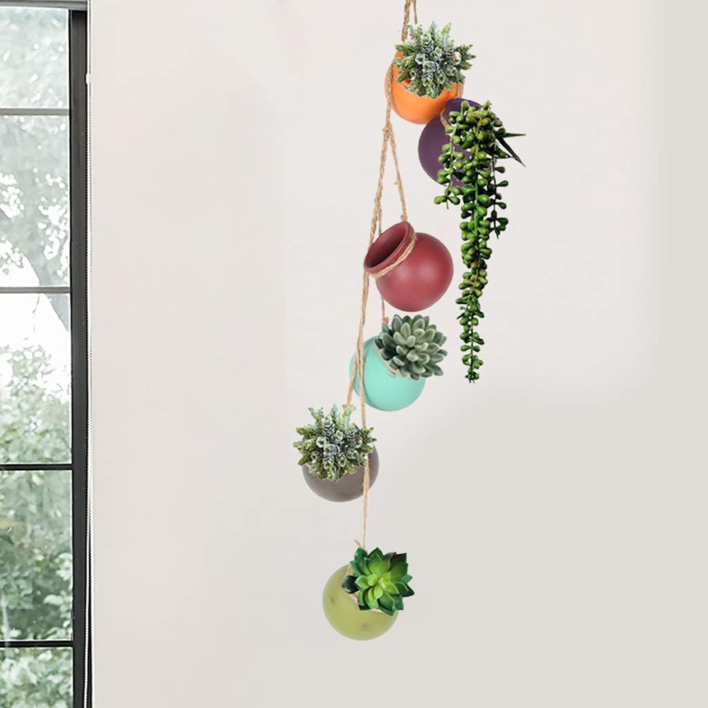 6 Pot Mixed Bright Rainbow-Color Hanging Ceramic Planter Set with Drain Hole Suitable for Succulent Flower Cactus Plant